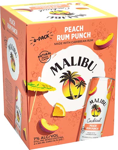 Malibu Cocktail Peach Rum Punch 4pk Can